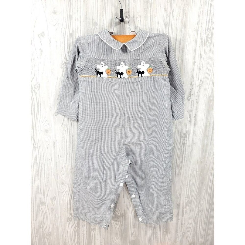 Vintage Kids Romper Halloween Smocked Longall Gingham Jumpsuit Unisex 24M